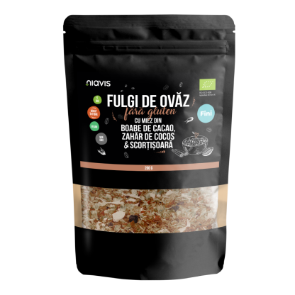 Fulgi de ovaz fini fara gluten cu miez din boabe de cacao, zahar de cocos si scortisoara Bio, 200 g, Niavis