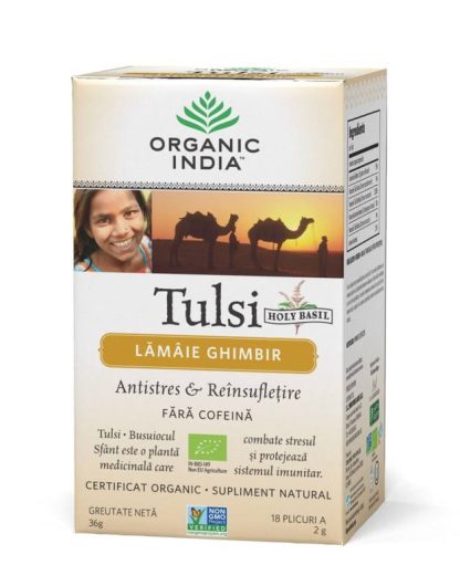 ORGANIC INDIA Ceai Tulsi (Busuioc Sfant) cu Lamaie si Ghimbir | Antistres Natural & Reinsufletire