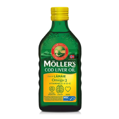 Cod liver oil Omega 3 cu aroma de lamaie, 250ml, Moller's