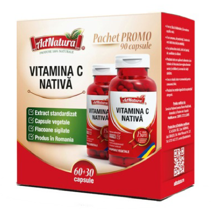 Pachet Vitamina C nativa, 60+30 capsule, AdNatura