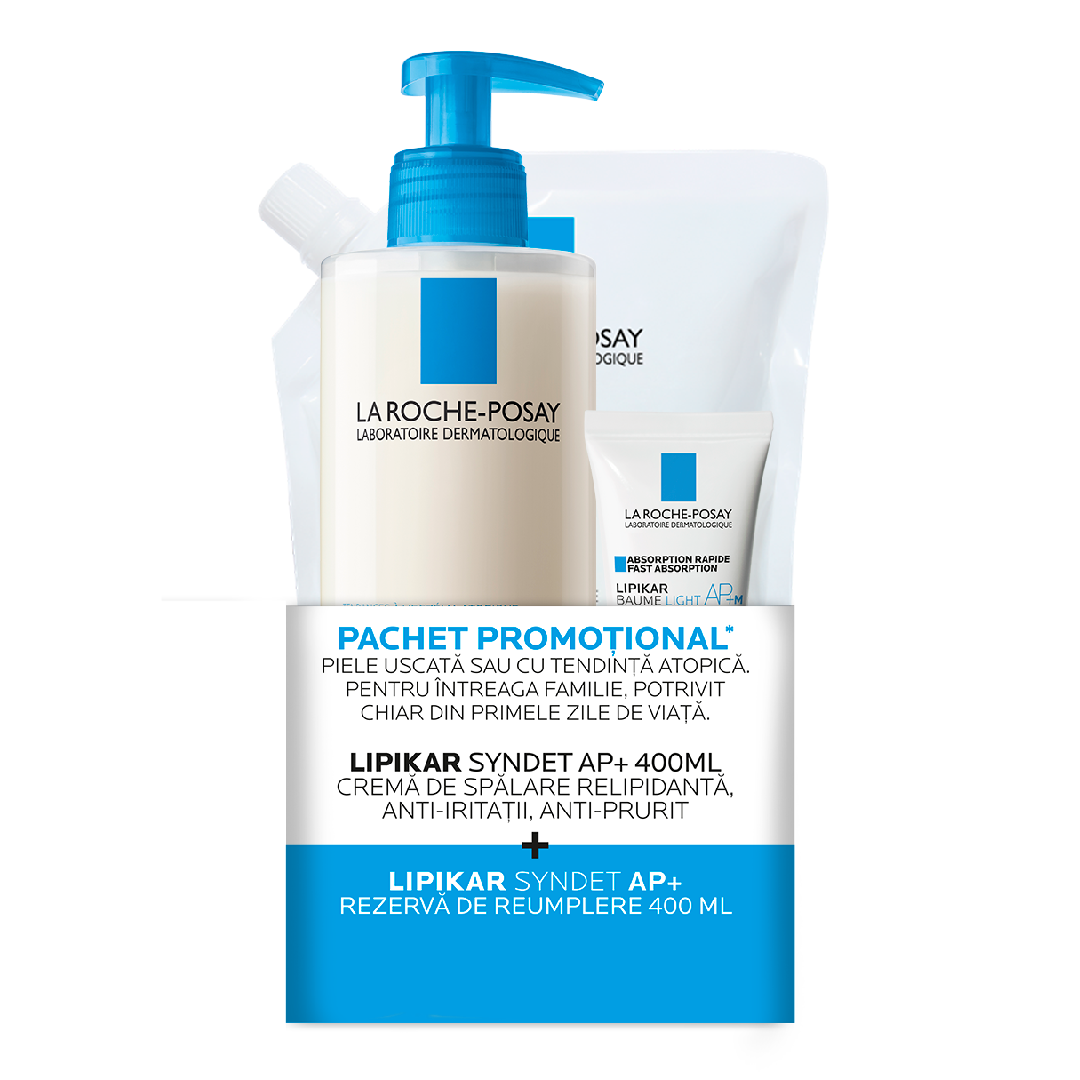 Pachet Crema de spalare Lipikar Syndet AP+, 400 ml + Rezerva, 400 ml + Balsam Lipikar Baume Light AP+M, 15 ml, La Roche-Posay