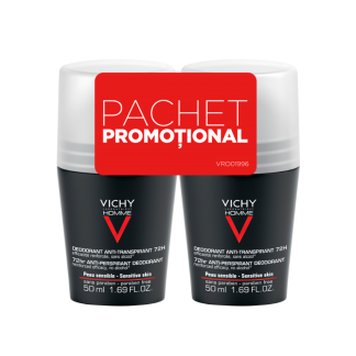 Pachet Deodorant roll-on antiperspirant control extrem pentru barbati eficacitate 72h, 50 ml + 50 ml, Vichy