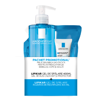 Pachet Gel de dus calmant Lipikar, 400 ml + Rezerva, 400 ml + Balsam Lipikar Baume Light AP+M, 15 ml, La Roche-Posay