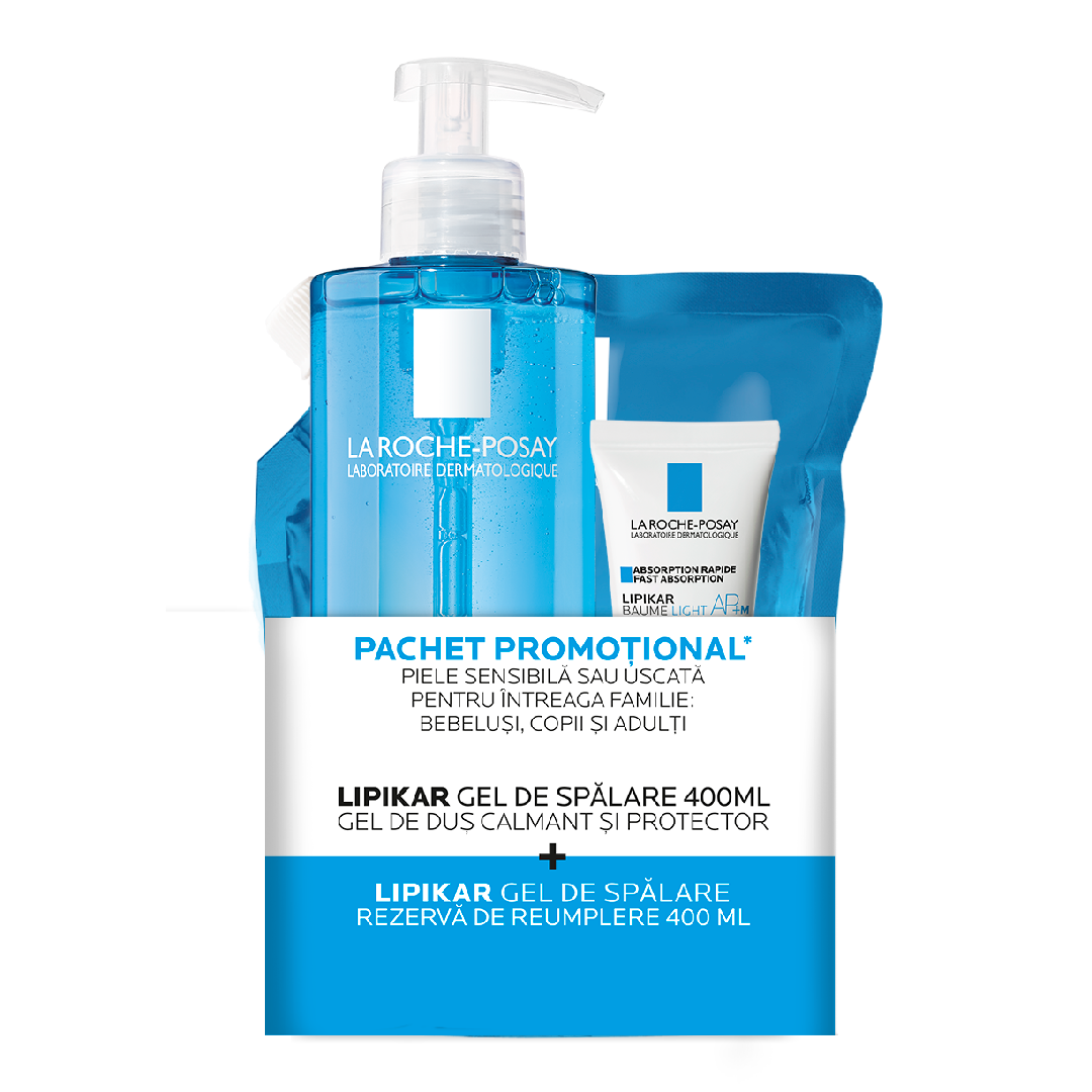 Pachet Gel de dus calmant Lipikar, 400 ml + Rezerva, 400 ml + Balsam Lipikar Baume Light AP+M, 15 ml, La Roche-Posay