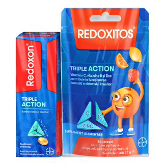 Pachet Redoxon Triple Action, 10 comprimate + Jeleuri Redoxitos Triple Action, 25 bucati, Bayer