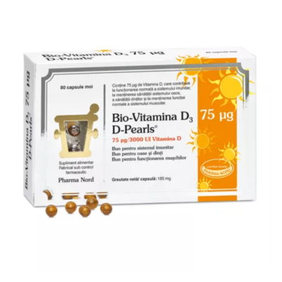 D-Pearls Bio-Vitamina D3, 3000 UI, 80 capsule, Pharma Nord -