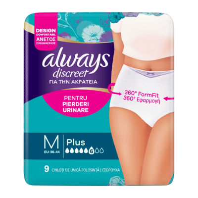 Chiloti pentru incontinenta urinara Discreet Plus, 6 picaturi, Marimea M, 9 bucati, Always -