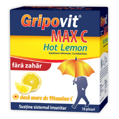Gripovit Max C Hot Lemon fara zahar, 10 plicuri, Zdrovit -