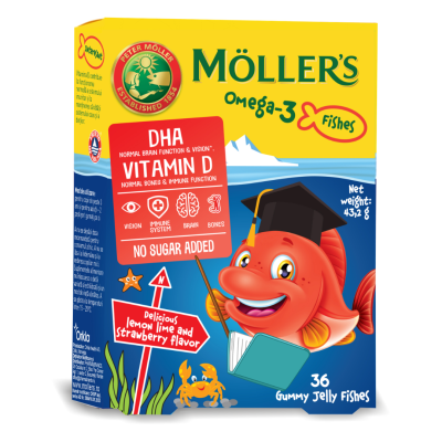 Pestisori gumati cu Omega 3 si aroma de lamaie verde si capsuni, 36 jeleuri, Moller's -