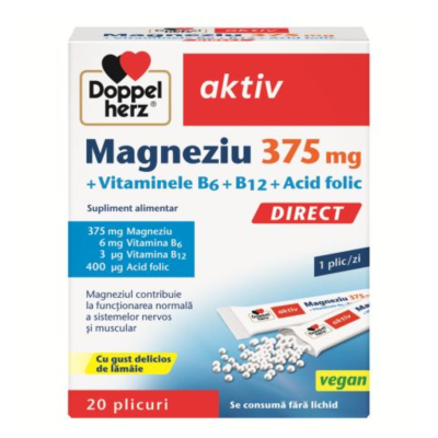 Magneziu 375 mg Direct + Vitaminele B6 + B12 + Acid folic, 20 plicuri, Doppelherz -