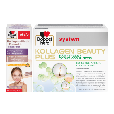 Pachet Kollagen Beauty Plus*30 flacoane și Kollagen+Biotină+Ceramide*10 flacoane, Doppelherz -