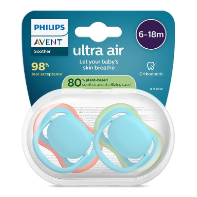 Suzete Ultra Air, 6-18 luni, SCF087/10, Albastru/Verde, 2 bucati, Philips Avent -