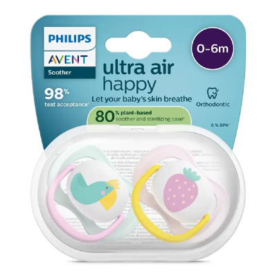 Suzete Ultra Air, 0-6 luni, SCF080/24, Papagal/Capsuna, 2 bucati, Philips Avent -