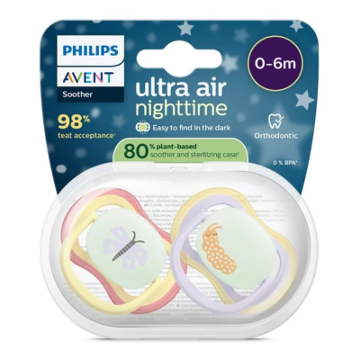 Suzete Ultra Air Nighttime, 0-6 luni, SCF376/25, Fluture, 0-6 luni, 2 bucati, Philips Avent -