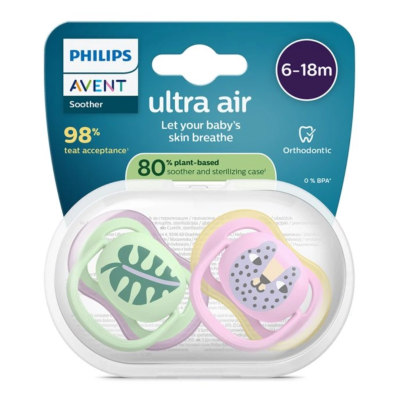 Suzete Ultra Air, 6-18 luni, SCF087/13, Pisica/Frunza, 2 bucati, Philips Avent -