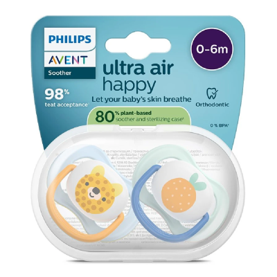 Suzete Ultra Air, 0-6 luni, SCF080/23, Ursulet/Portocala, 2 bucati, Philips Avent -