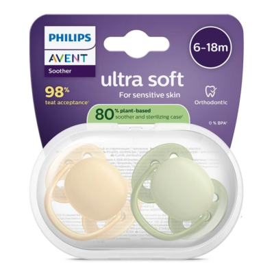 Suzete Ultra Soft, 6-18 luni, SCF091/45, Galben/Verde, 2 bucati, Philips Avent -
