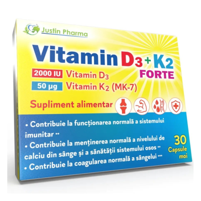 Vitamin D3+K2 Forte, 30 capsule moi, Justin Pharma -